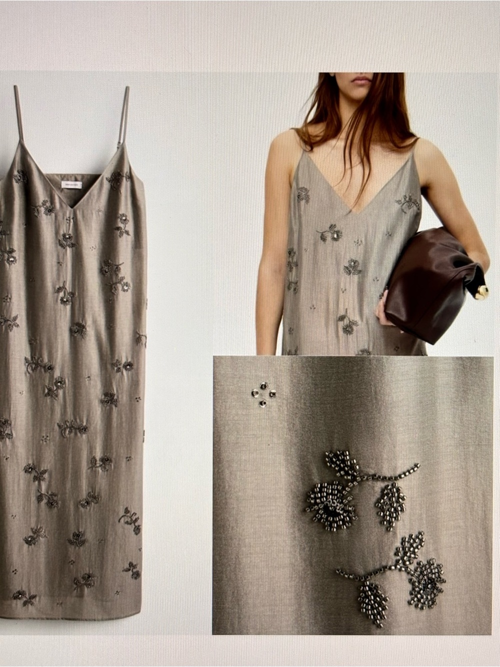 H&M Beige Floral Beaded Slip Maxi Dress